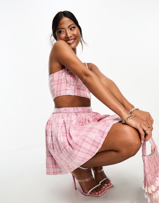 Pink plaid skirt and cheap top