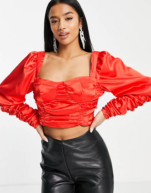 Collective the Label Petite ruched bow back crop top and mini skirt co-ord in re