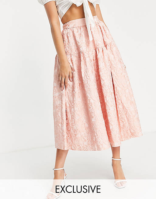 Collective the Label puff sleeve backless crop top and tiered prom midi skirt co