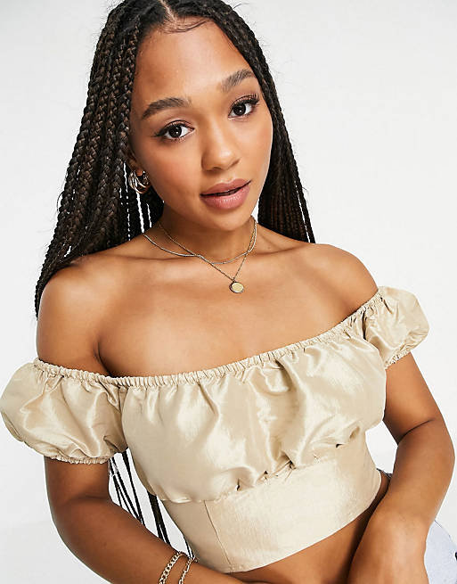 Collective the Label ruched off shoulder metallic top and mini skirt co-ord in g