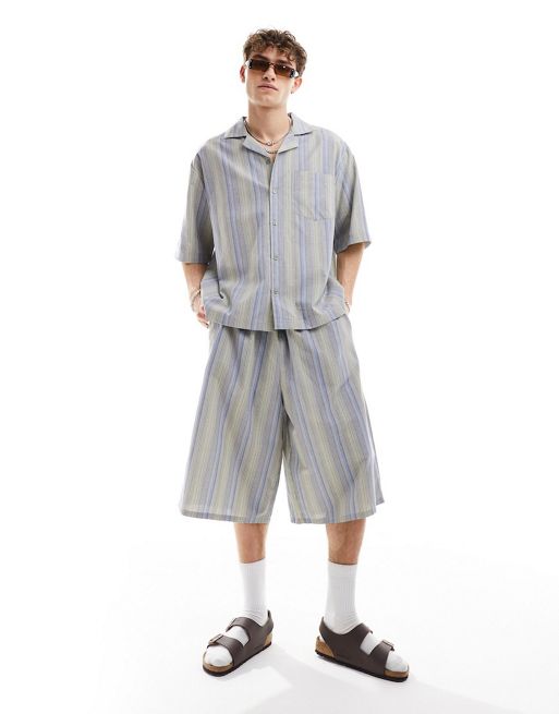 COLLUSION beach linen revere short sleeve shirt and shorts in stripe co-ord