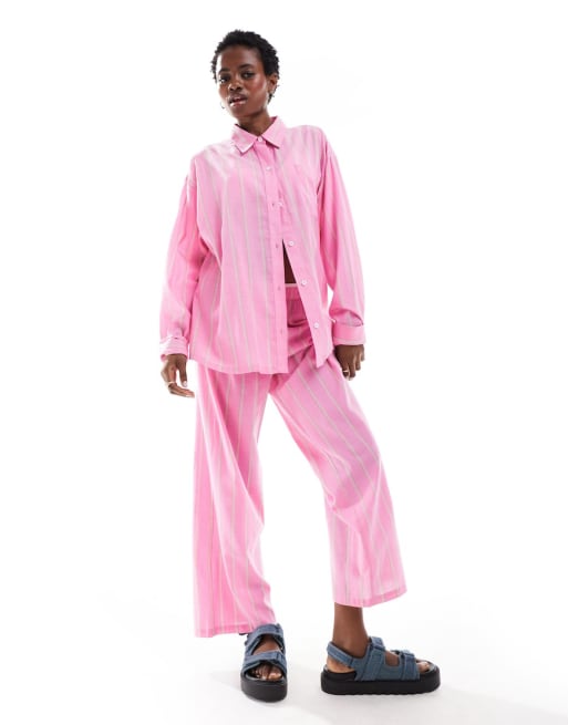  COLLUSION beach linen stripe shirt and trouser co-ord in pink