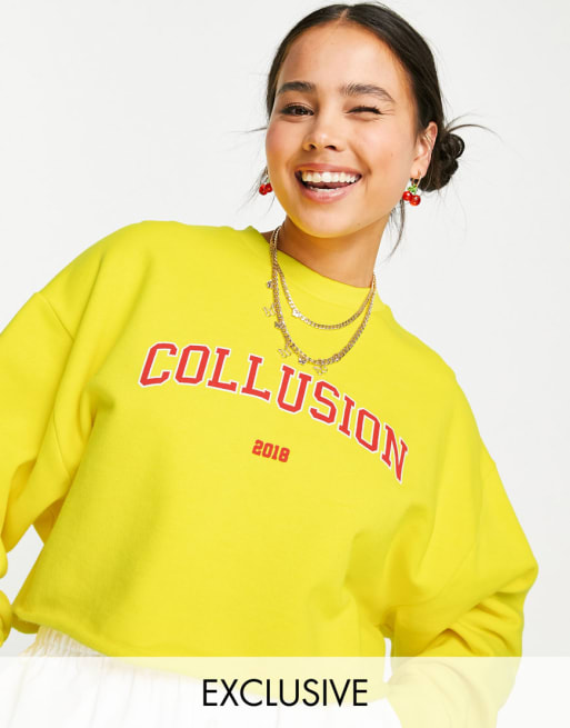 COLLUSION branded oversized sweatshirt & boxer short set in yellow