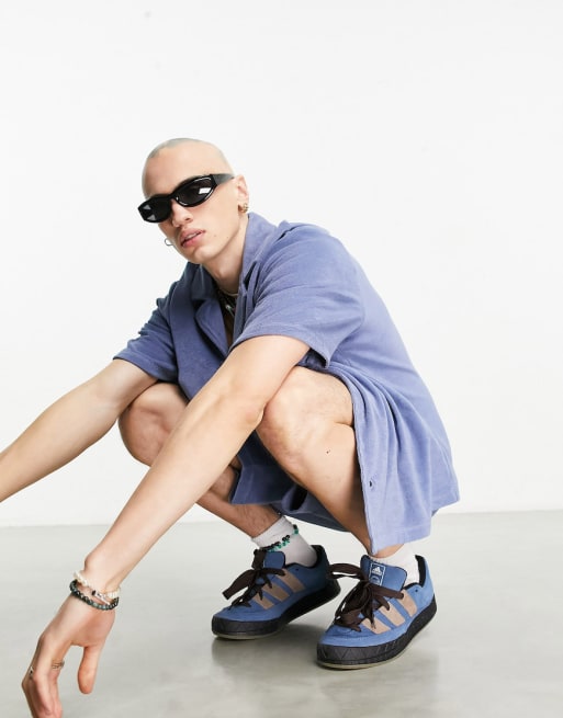 COLLUSION branded towelling beach shirt and short set in blue - MBLUE