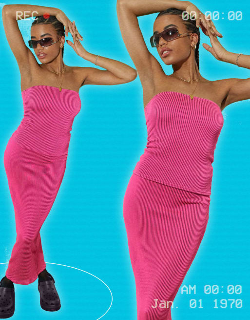 COLLUSION - Combi-set van lange geribbelde rok en bandeau top in roze