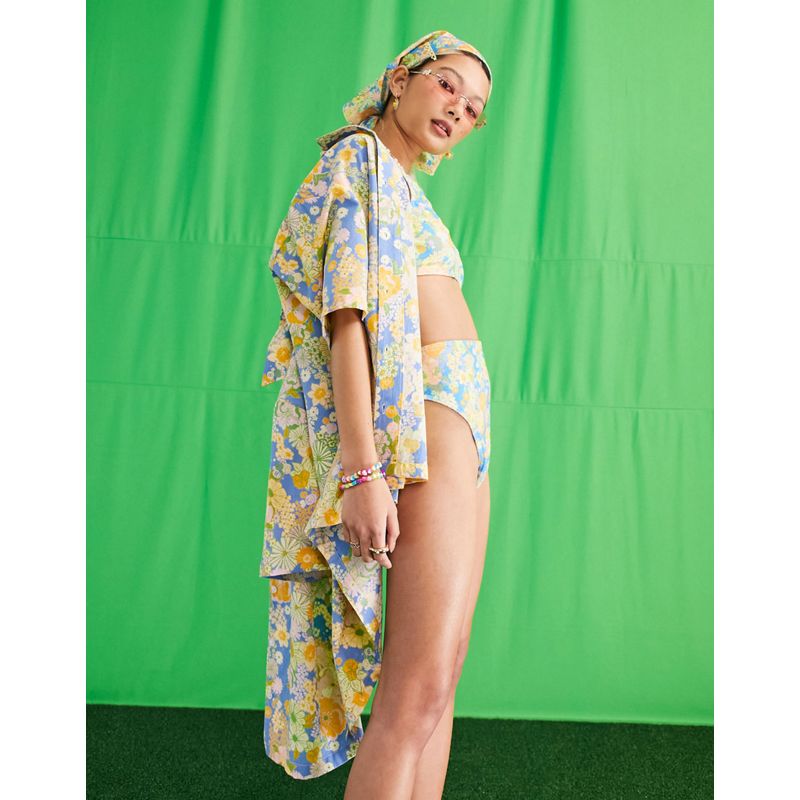 Donna Costumi e Moda mare COLLUSION - Coordinato con pareo, camicia e slip bikini in tessuto riciclato con stampa a fiori fluo