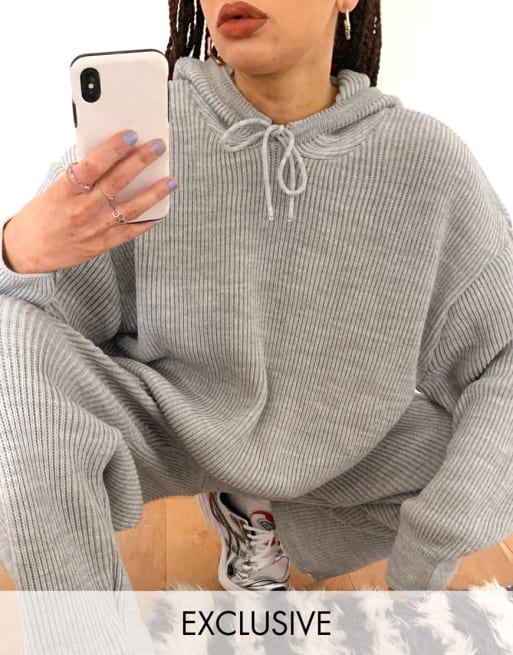 COLLUSION - Coordinato in maglia a coste grigio con felpa con cappuccio e joggers