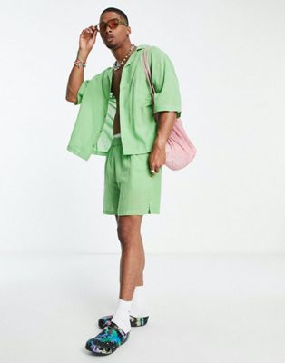 COLLUSION crinkle short sleeve beach shirt & shorts co ord in green