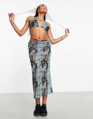 COLLUSION renaissance print cut out halter neck bikini in blue