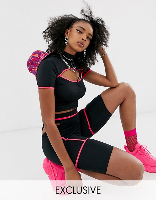 COLLUSION cutout neon top and legging shorts co-ord
