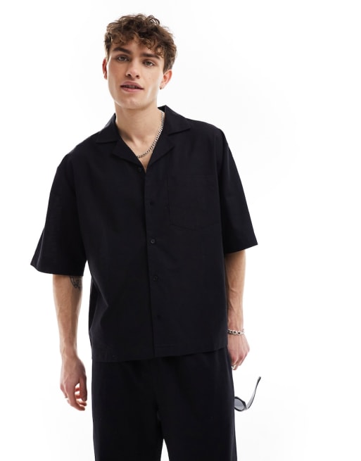 COLLUSION - Ensemble de plage chemise manches courtes à revers et pantalon en lin - Noir