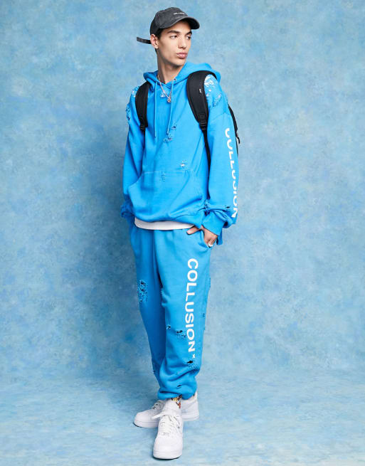 COLLUSION - Ensemble oversize avec sweat à capuche et jogger à déchirures et logo - Bleu