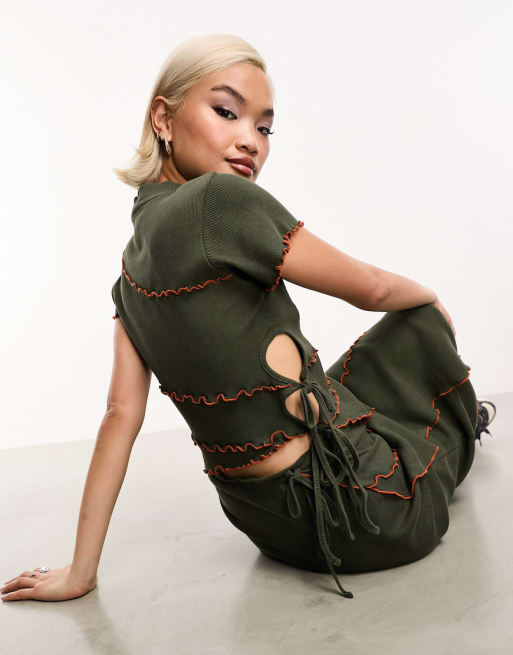 COLLUSION exposed seam asymmetric acid wash top and midi skirt in khaki