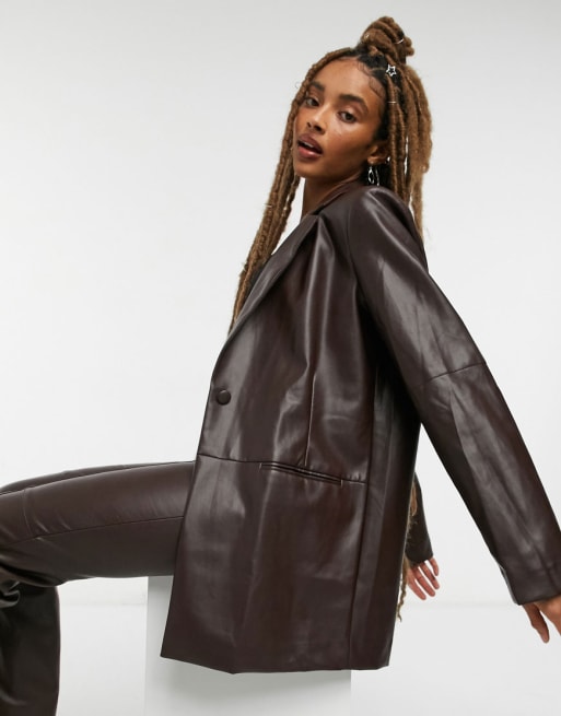 COLLUSION faux leather blazer flared trousers in brown ASOS