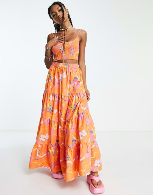 COLLUSION floral shirred crop top maxi skirt in orange ASOS