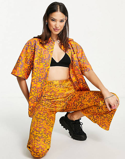 COLLUSION flower print shirt and plisse pants set in orange