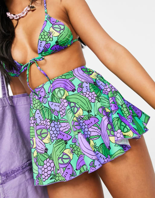 COLLUSION high thigh swimsuit bikini skirt in tropical fruit print