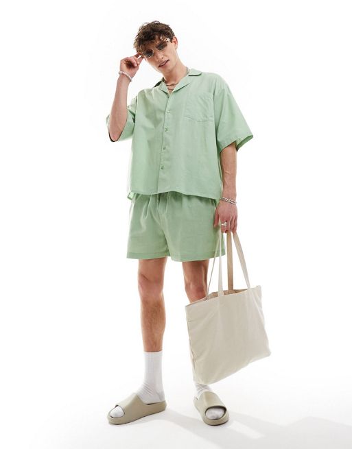 COLLUSION linen bboard shorts set in sage green