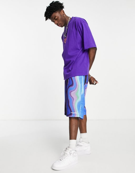 COLLUSION long sleeve mesh t-shirt with keyhole & shorts with marble print co-or