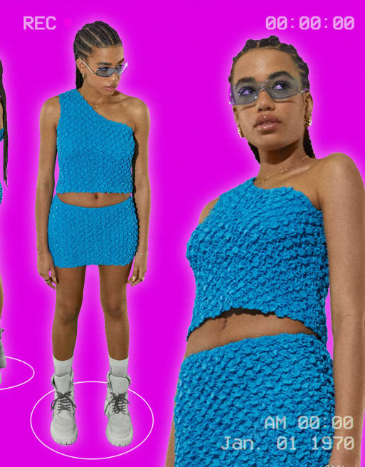 COLLUSION one shoulder textured top & micro skirt set in bright blue
