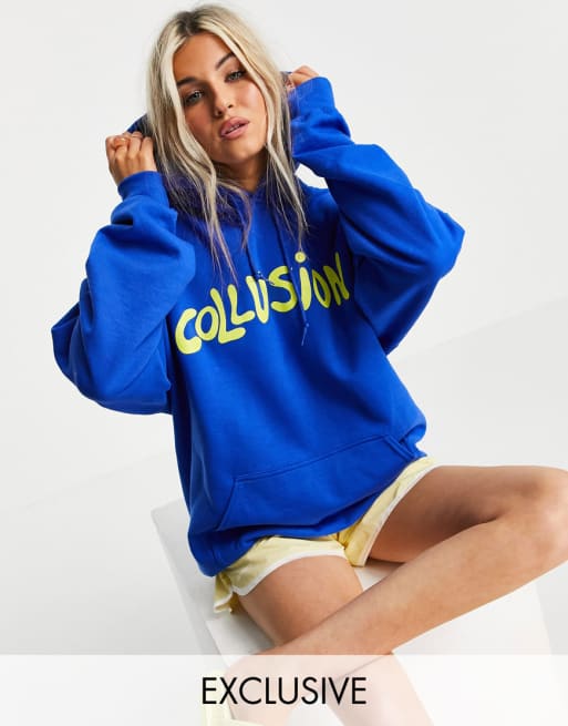 COLLUSION oversized branded hoodie slinky legging flares co ord in blue ASOS