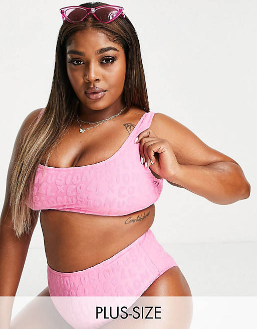 COLLUSION Plus high waisted bikini brief in printed towelling in pink