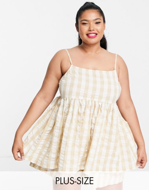 COLLUSION Plus gingham shorts & cami top co-ord in beige