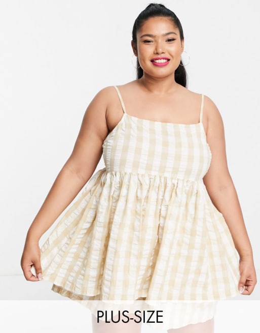 COLLUSION Plus gingham shorts & cami top set in beige