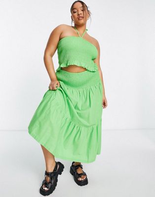 COLLUSION PLUS shirred halterneck top & skirt in green  - MGREEN