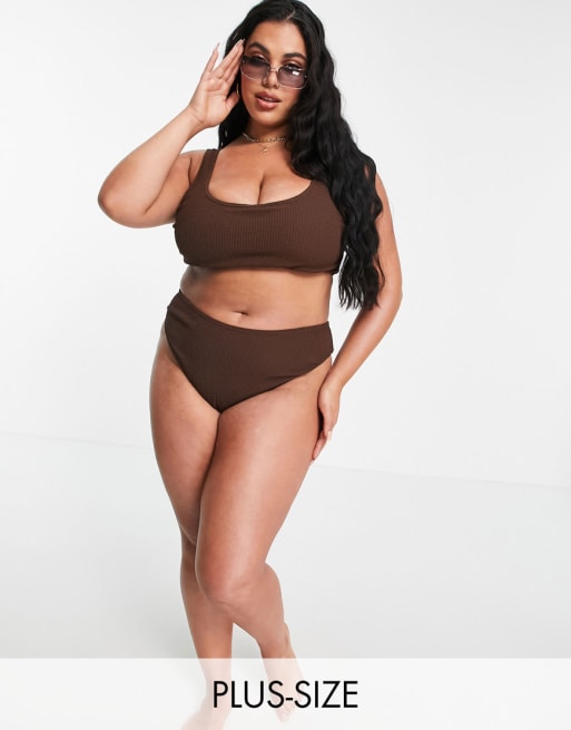 COLLUSION Plus square-neck crinkle bikini top and bottoms in brown