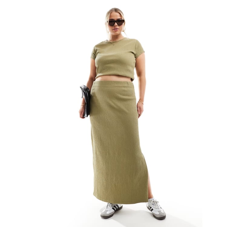 COLLUSION Plus textured fitted t shirt and skirt co ord in khaki KHAKI ASOS