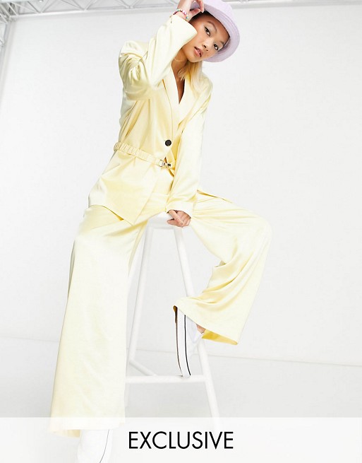 COLLUSION satin blazer & straight leg trousers with belt in yellow