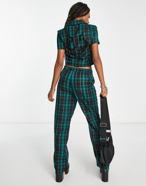 COLLUSION seam detail check shirt and trouser co-ord in dark green