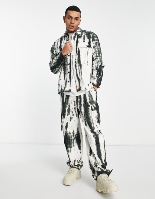 COLLUSION shacket and cargo pants set in khaki tie dye