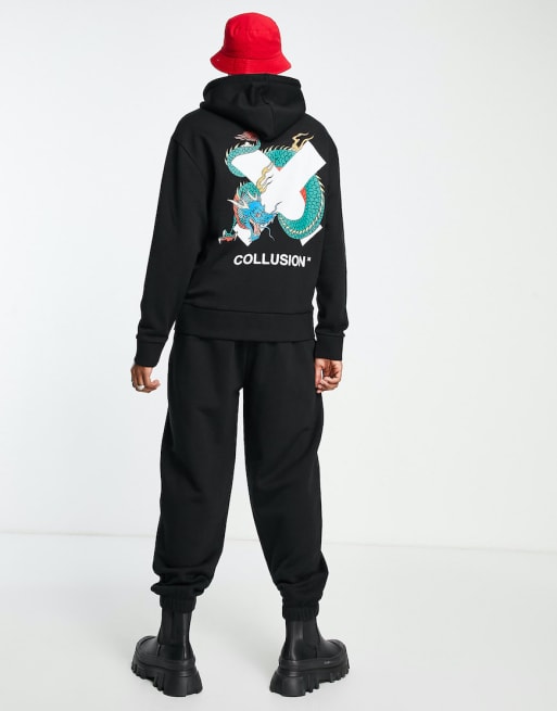 COLLUSION sweatpants & hoodie with logo X dragon print set in black | ASOS