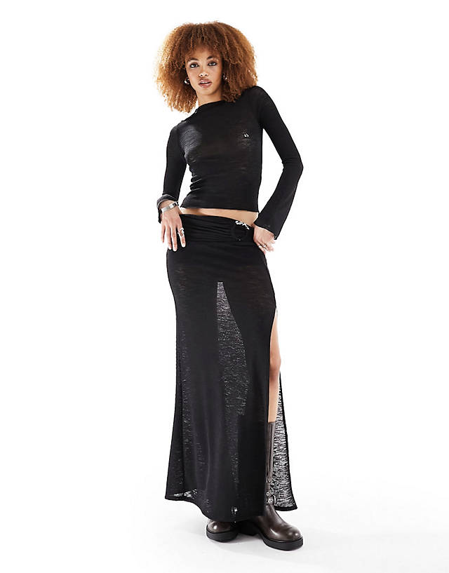 Collusion - trim detail long sleeve knit slash neck top and maxi skirt in black