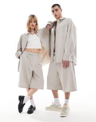 COLLUSION unisex co-ord tailored oversized shirt and shorts in sand pinstripe - view 1