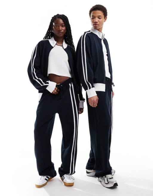 COLLUSION Unisex - Ensemble veste et pantalon de jogging décontractés - Bleu marine et marron