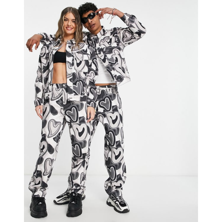 COLLUSION Unisex heart print denim jacket and jeans set in black and white  | ASOS