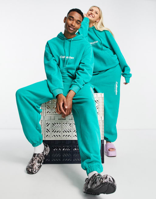 COLLUSION Unisex hoodie & trackies set with embroidered logo in green ...