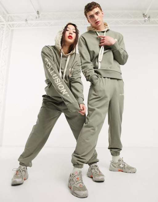 COLLUSION Unisex logo joggers and hoodie in olive green