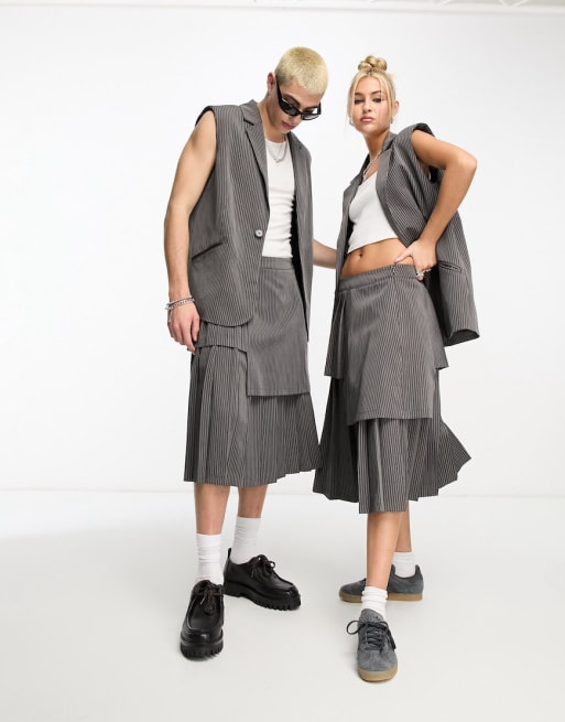 COLLUSION Unisex longline waistcoat & kilt in dark grey pinstripe co ...