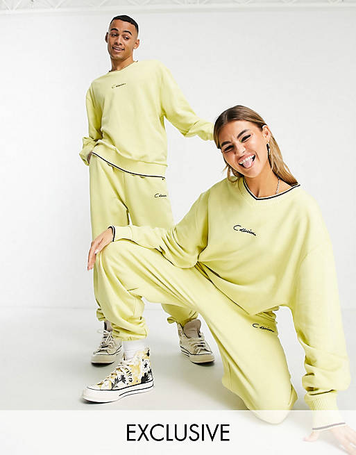 COLLUSION Unisex oversized varsity sweater and joggers in vintage yellow co-ord 