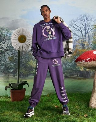 COLLUSION Unisex oversized hoodie with character print in purple co-ord