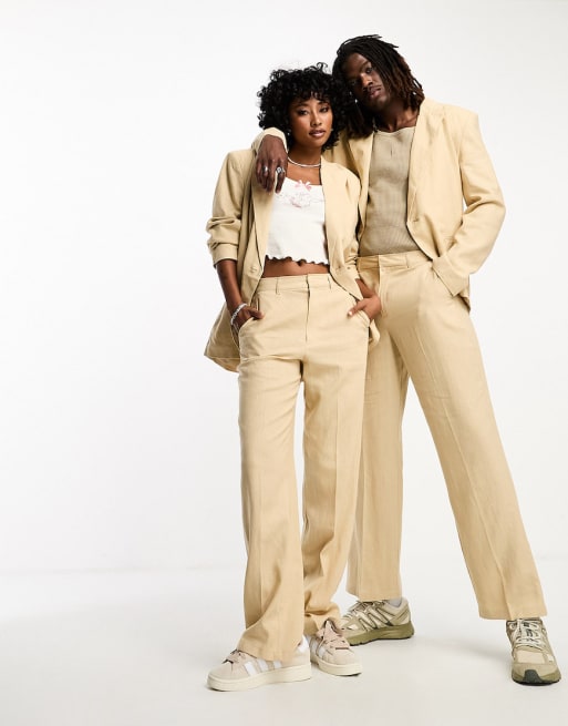 COLLUSION Unisex single wrap linen blazer pants set in neutral ASOS