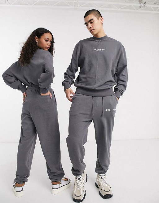 COLLUSION Unisex tracksuit with cut and sew reverse fabric detail