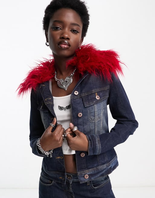 Dark blue denim store jacket with fur