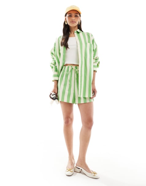 Conjunto a rayas verdes de pantalones cortos y camisa Oxford de algodón de ASOS DESIGN - view 1