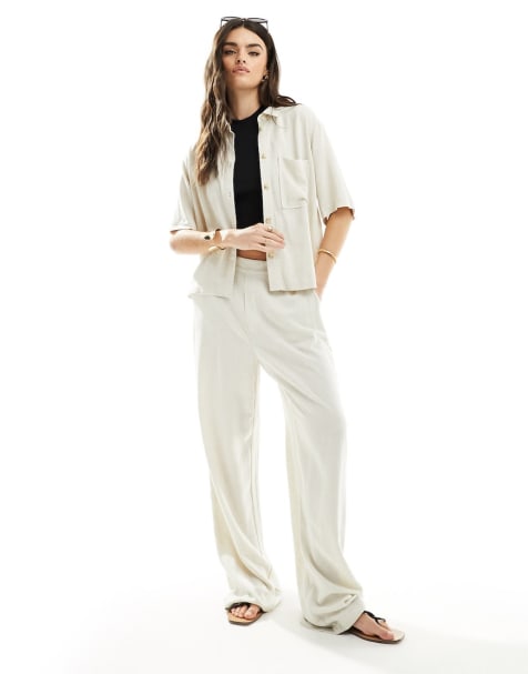 Conjunto color avena de camisa y pantalones con lazada en la cintura de lino de Object - view 1