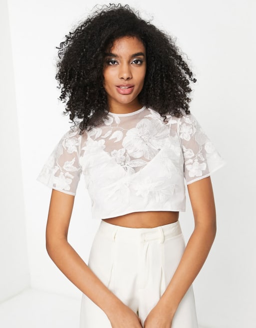 Conjunto color marfil de top y falda de corte amplio con bordados florales de malla de ASOS Edition